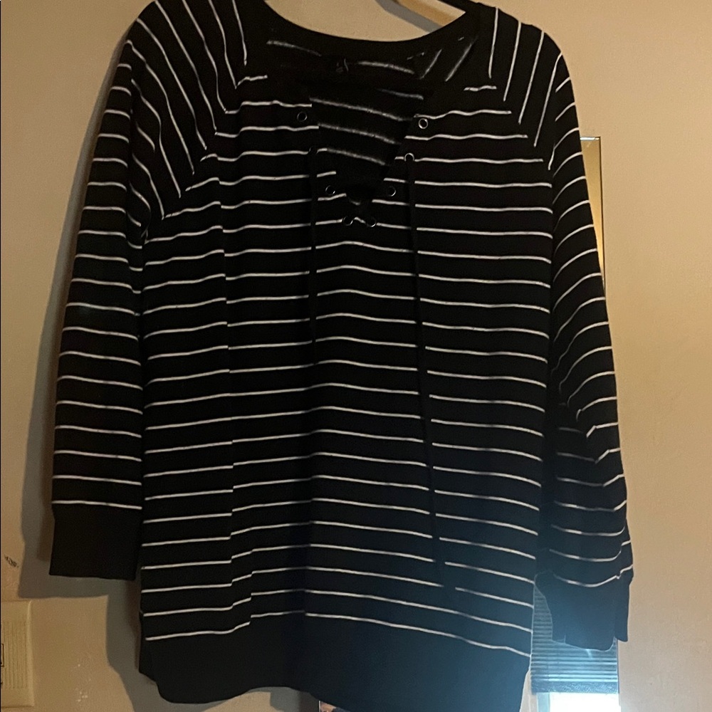 Black and white striped long sleeve sweater with tie up